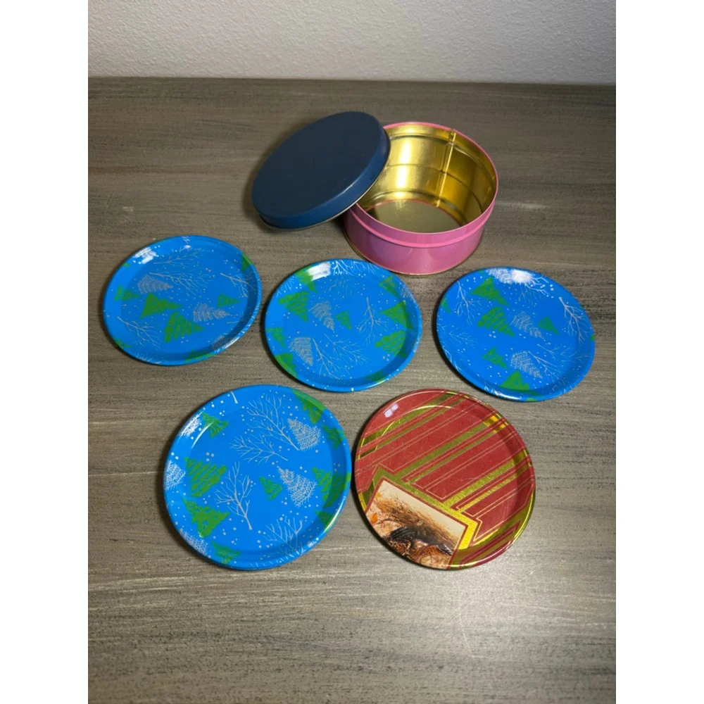 Set of 5 vintage metal holiday coasters in tin retro